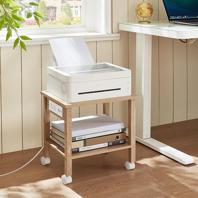 YUFAM 2 Tier Under Desk Printer Stand with Storage, Small Printer Table with Charging Station, Rolling Printer Cart Shelf with Lockable Wheels for Home, Office (Natural)