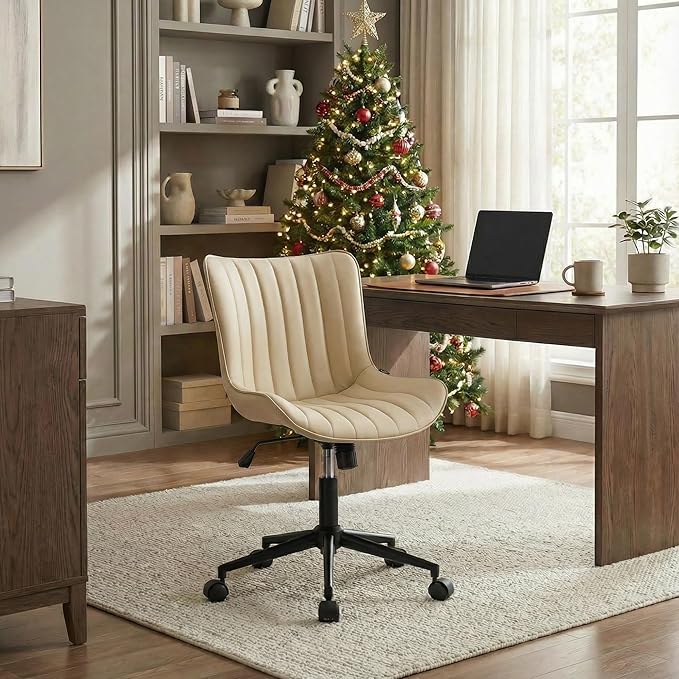 YOUNIKE Beige Office Desk Chair with Wheels Swivel Comfy Armless Vanity Chair with Back Modern Leather Upholstered Rolling Computer Task Chair Small Cute Drafting Sewing Chair No Arms Adjustable