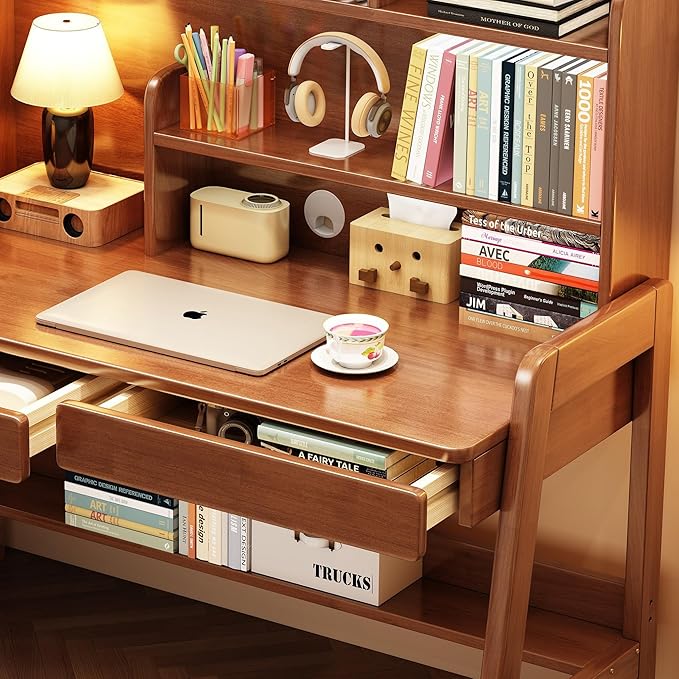 Kids Desk and Chair Set Wooden Children's Learning Table and Chair with Hutch and Two Drawers Children Study＆Writing＆Computer＆Workstation Desk for 3 and Above(Brown
