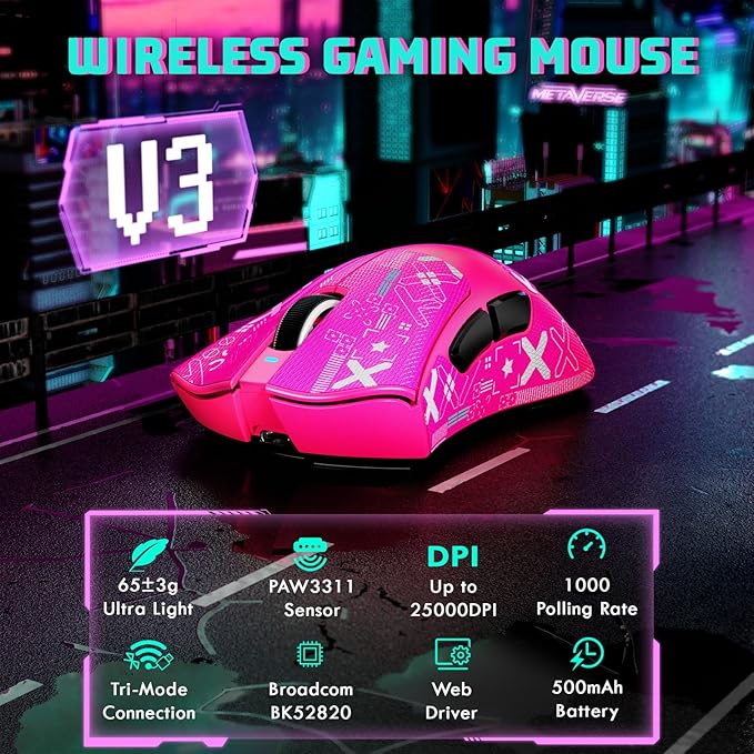 MAMBASNAKE Attack Shark V3 Wireless Gaming Mouse,Adjustable 25K DPI PAW3311 Optical Sensor,Ergonomic 62g Lightweight 5 Programmable Buttons 500mAH Battery,2.4G/BT/USB-C Wired for PC/Mac-Red&Griptape