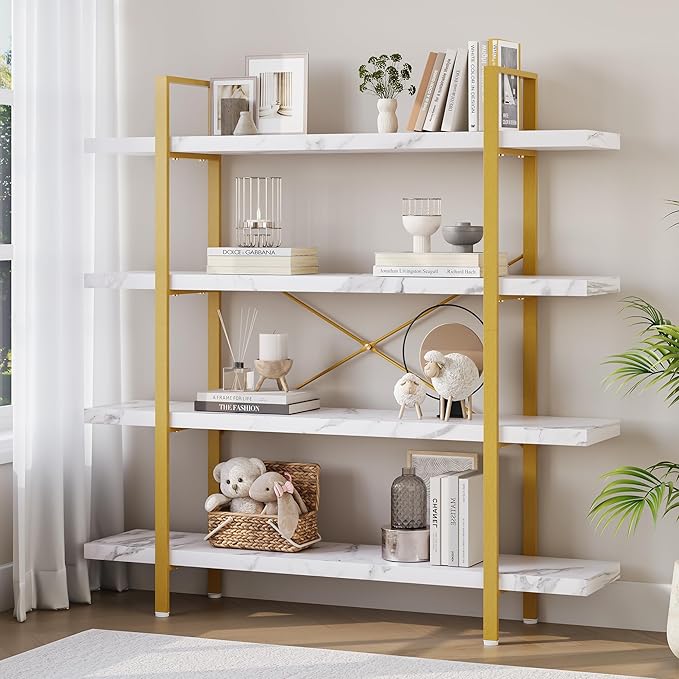 OtterOasis Heavy Duty 4-Tier Industrial Bookcase, 47" Wide Wood Bookshelf for Home Office, 120lbs Shelf Capacity, Shelving Display with Reinforced Horizontal Shelf for Living Room Bedroom,White