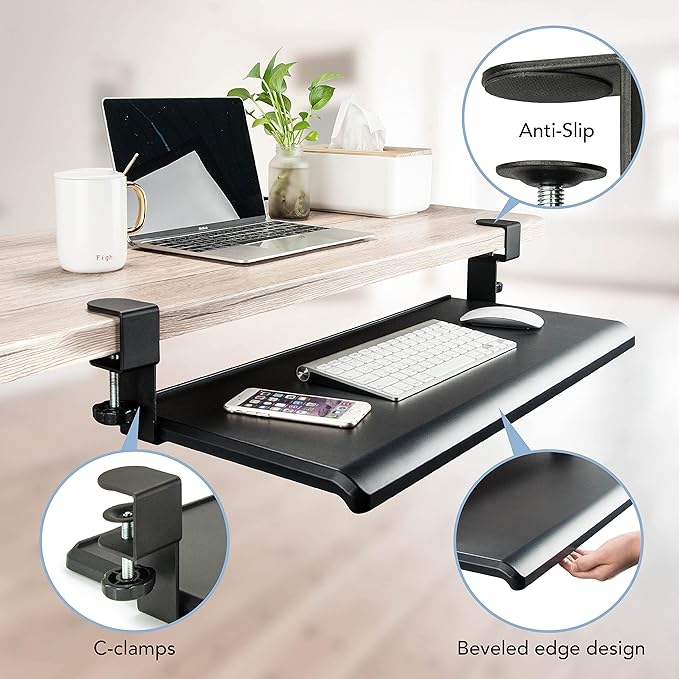 EHO Under Desk Keyboard Tray, Large 27.5" x 12.2" Slide-Out Clamp-On Drawer with Steel C-Clamps, Ergonomic Platform Fits Full-Size Keyboard and Mouse, Tool-Free Installation, TAA-Compliant