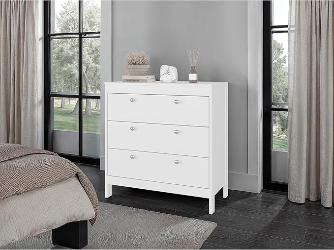 White 3-Drawer Chest with Functional Storage Clean-lined modern design enhances bedrooms, living rooms, or home offices while maintaining a neat, uncluttered, and visually balanced environment Clea