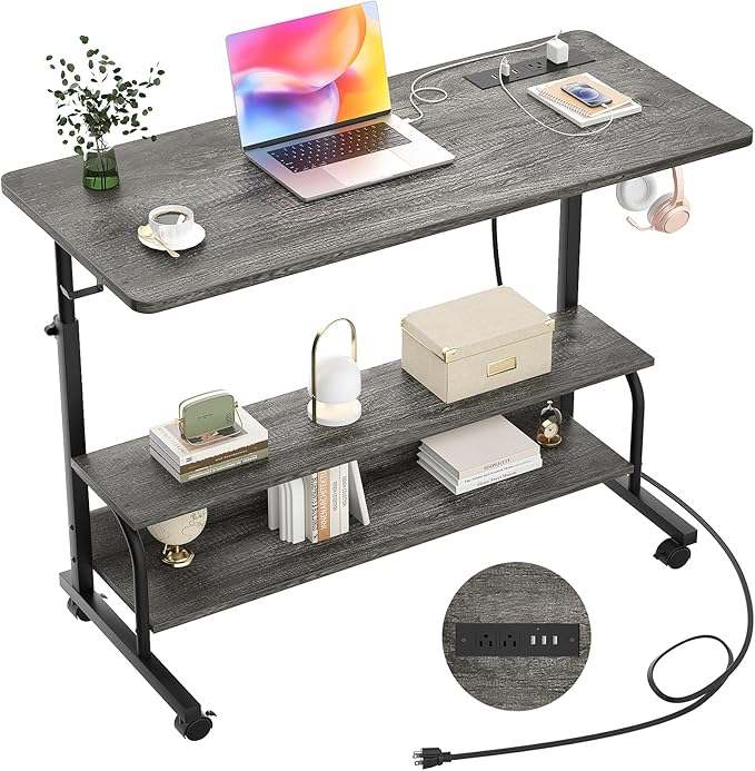 Armocity Rolling Standing Desk with Power Outlets, 39" Manual Height Adjustable Mobile Computer Desk with Wheels, Small Portable Sit Stand Laptop Couch Table for Bed & Sofa Home Office, Grey Oak
