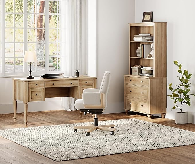 WAMPAT Home Office Furniture Set, 56'' Executive Desk with Charging Station, 72" Tall Bookcase with 3 Drawers, Wood Computer Desk with File Cabinet Storage, Open Shelf, Oak