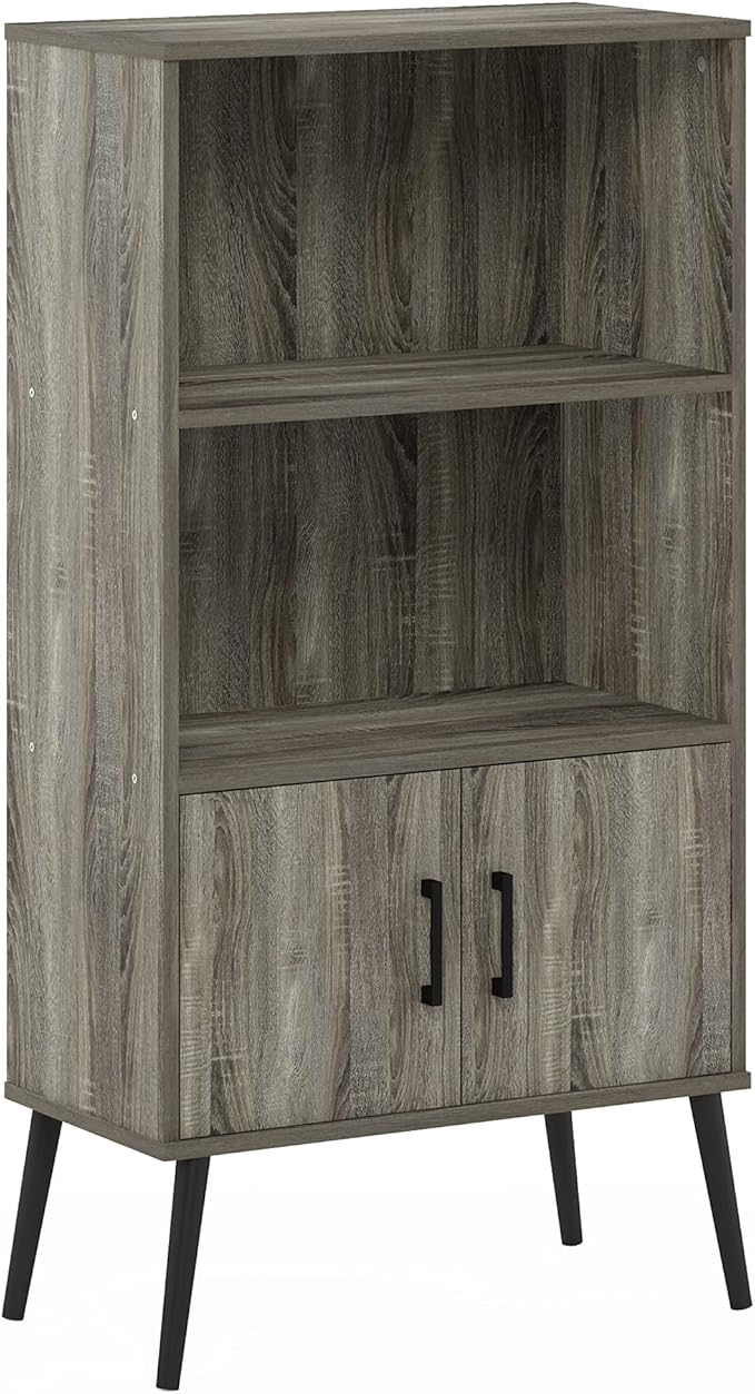 Furinno MIDCENTURY Storage Shelves, Mid-Century Style Accent Storage Cabinet with Doors and Shelves, Bookshelf with Legs, for Living Room, Home Office, Grey Oak