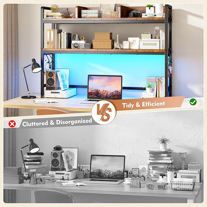REIBII 45.2" Desk Shelf with LED Lights and Hooks,2-Tier Adjustable Multipurpose Solid Wood Desk Hutch Dorm,Desktop Organizer Rack with 3 Display Rack for Dorm,Office Home,Rustic Brown