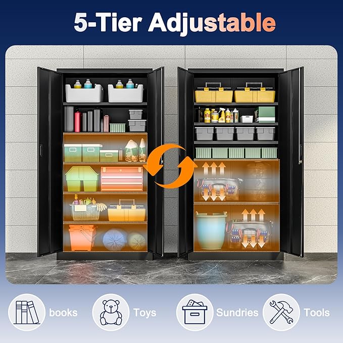 71" H Tall Metal Storage Cabinet with Lock and 5 Adjustable Shelves, Metal Garage Storage Cabinet for Home, Office, Garage, Warehouse Organize, Black