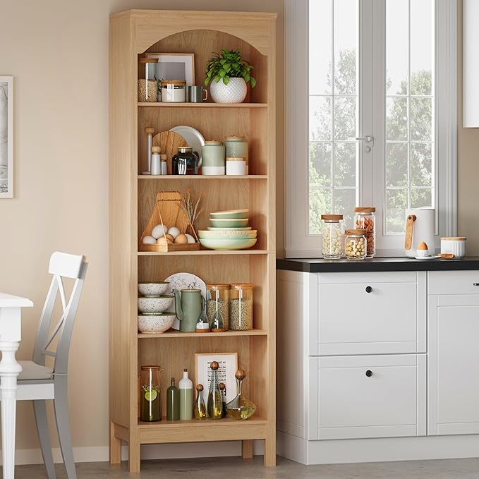 Arched Set of 2 Bookshelf with 5 Tier Open Shelves, 71" Tall Wood Bookcase with Adjustable Shelves, 24" Wide Floor Standing Display Storage Shelf for Home Office, Kitchen, Living Room, Natural Oak