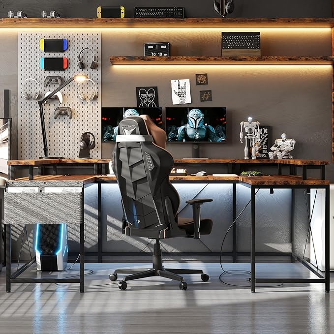 Jojoka U-Shaped Computer Desk with Power Outlets & RGB LED Lights - Reversible l-Shaped Office Desk, Full Monitor Stand, Modern Home Office Workstation, 600lbs Capacity 79",Game Desk, Multiple Colors