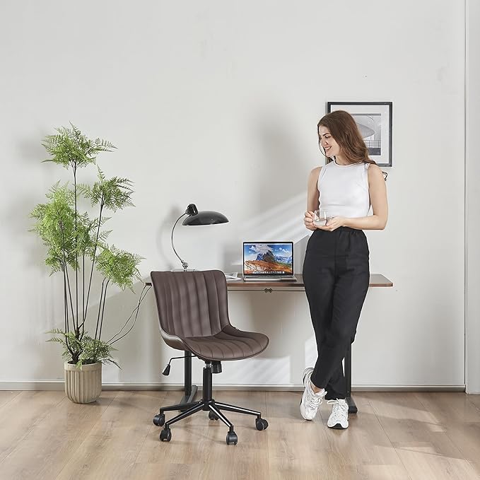 YOUNIKE Brown Ergonomic Home Office Desk Chair with Wheels Comfy Armless Vanity Chair with Back Modern Leather Upholstered Rolling Task Chair Small Cute Computer Drafting Chair Wide Swivel Adjustable