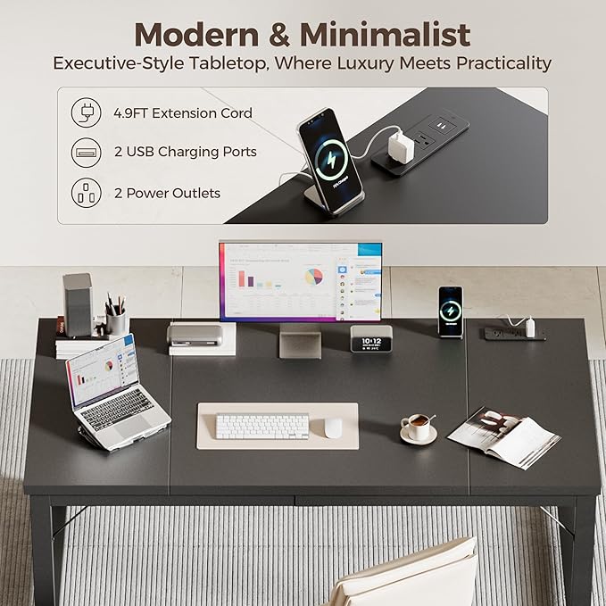 Mericonia 63 Inch Large Computer Desk with Power Outlets, 1.2" Thick Heavy Duty Industrial Office Desk, Modern Simple Study Writing Table for Home Office Bedroom Workstation, Black