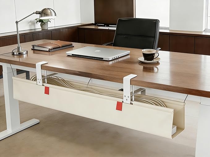 Under Desk Cable Management No Drill – 36" L x 6" W Cord Organizer, Upgraded Silicone Pads (No Scratch), 16 Cable Slots, Washable PE Honeycomb Base, Fits Desks 0–2.1" Thick, Beige