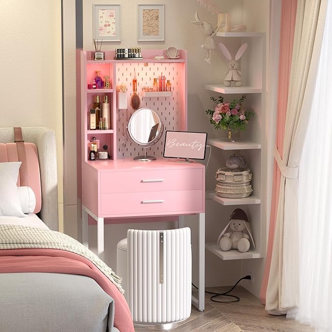 Besiost Small Vanity Desk with Hutch and Drawers, Pink Makeup Vanity Desk with Outlets, Vanity Table Dressing Table with LED Lights, Vanity Desks No Mirror with Pegboard for Girls Women, 24"