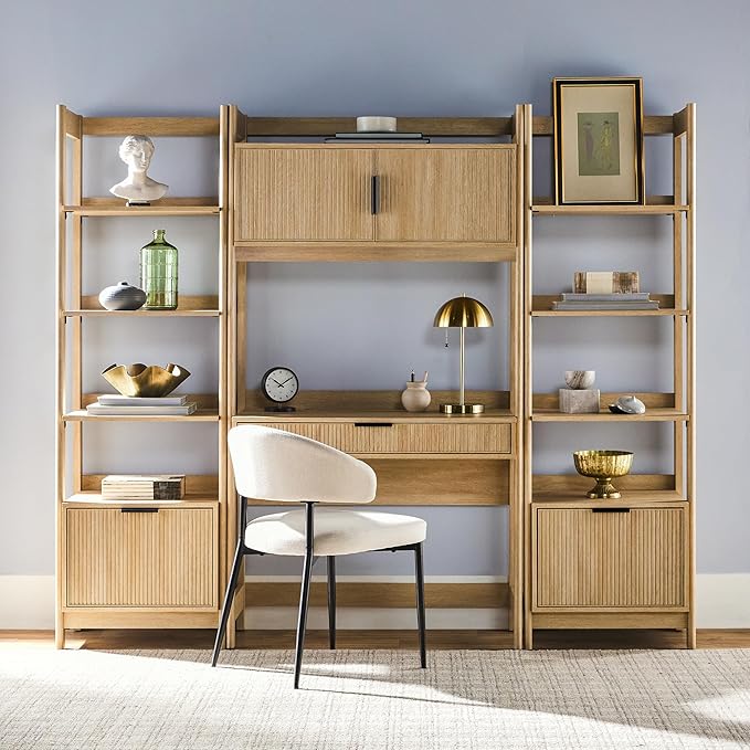 Walker Edison Transitional 3-Piece Hutch Desk with 1 Wide and 1 Narrow Bookcase, Reeded Drawer Fronts, Built-in outlets and USB Ports, Set of 3, Coastal Oak