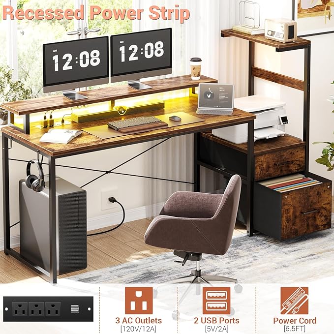 Aheaplus Gaming Desk with LED Strip & Power Outlet, 59Inch Reversible Computer Desk with Monitor Stand & Storage Shelves, Home Office Desks with Fabric File Drawer, Gamer Table PC Desk, Rustic Brown