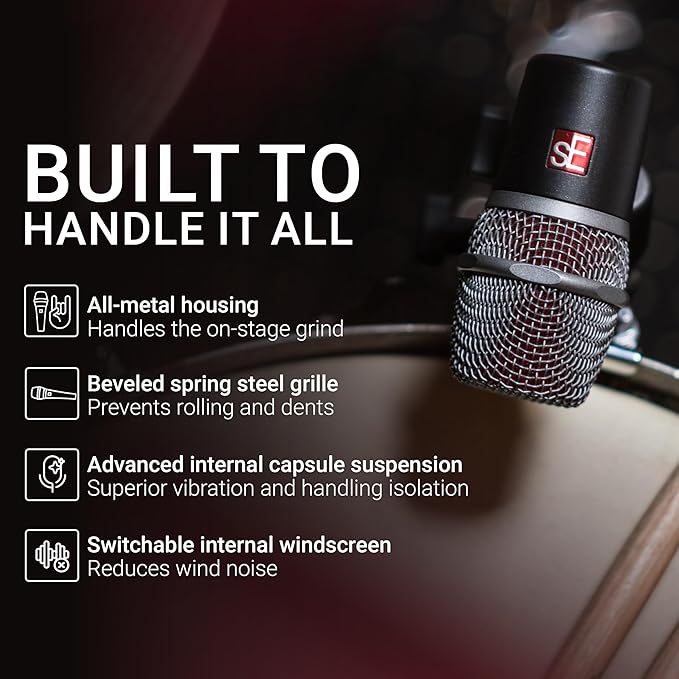 SE ELECTRONICS V BEAT Drum Mic - Compact Dynamic Supercardioid Drum Microphone for Toms & Snares with Adjustable Swivel Mount for Precise Positioning - Perfect for Studio & Live Use