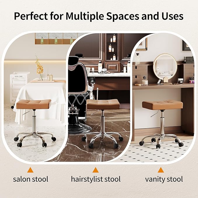 FIRAVOE Rolling Stool Adjustable Height (300lbs Capacity) (Sturdy Base) Multifunctional Nail Tattoo Vanity Massage Stool (Camel Brown)
