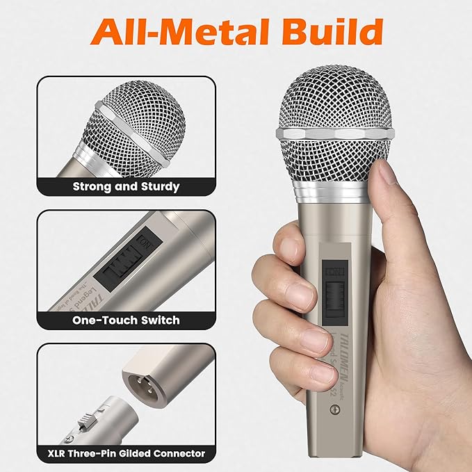 talomen Wired Microphone for Singing, Metal Female, ON/Off Switch, Professional Vocal Dynamic Mic with 20ft & 6.5ft XLR Audio Cable, Cardioid Studio Microfono for Podcasting and Recording, Gold-L52