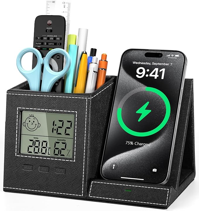 Pen Holder with Wireless Charger, Built in Digital Indoor Thermometer and Humidity Monitor, Multi-Functional Desktop Organizer for Home, School, Office Supply, Midnight Black