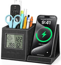 Pen Holder with Wireless Charger, Built in Digital Indoor Thermometer and Humidity Monitor, Multi-Functional Desktop Organizer for Home, School, Office Supply, Midnight Black