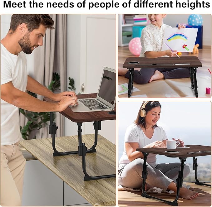 Laptop Desk for Bed Height Adjustable, Lap Bed Table with USB/Storage Drawer/Cup Holder/Tablet Stand/Book Shelf, Foldable Breakfast Tray Portable for Reading Writing, Sofa & Floor, Walnut