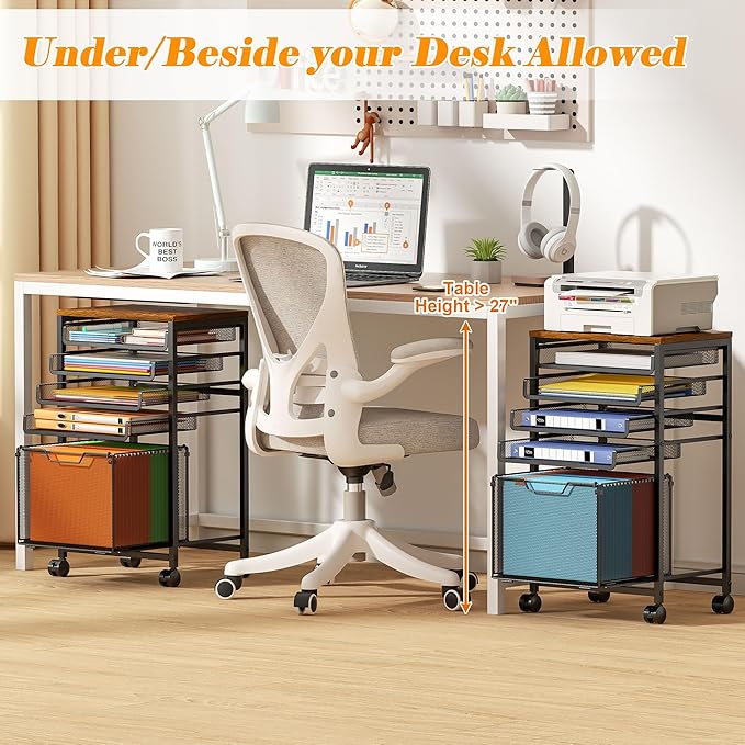 Feyejade Rolling File Cart 5-Tier, Under Desk Storage with Drawers, Filing Cabinet for Letter-Size File Storage, Sliding Metal Mesh Trays for Binder Storage, Office Storage & Organization for Teachers