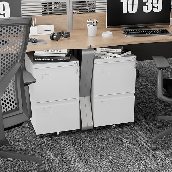 Reemoon File Cabinet 2 Drawer, Locking Filing Cabinet with Business Card Slot for Letter/Legal/F4/A4 Size Folders,Required Assembly,14.57" W x 17.36" D x 25.79" H,White