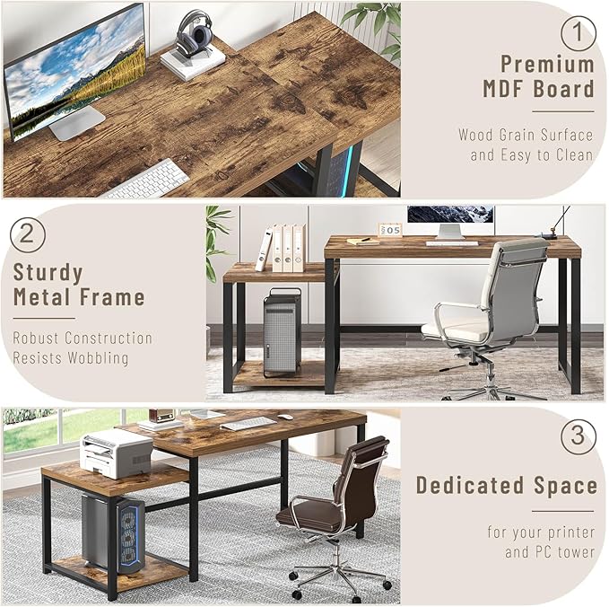 FOLUBAN Large Computer Desk for Home Office with Printer Space, Wood Study Gaming Workstation Table with Storage Shelves, Long Writing Desk for Bedroom Living Room, Rustic Brown, 63 Inch