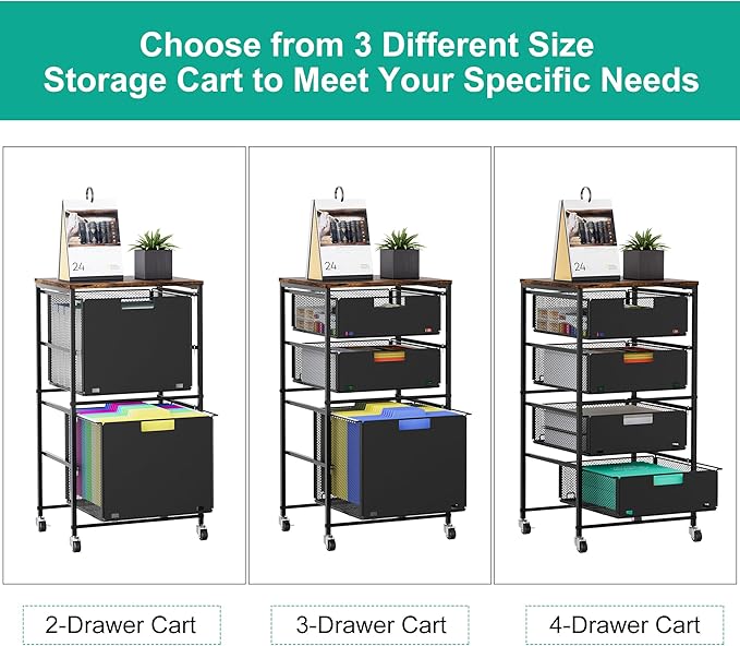 4-Drawer Storage Organizer, Under Desk Rolling File Cart with Lockable Wheels, Multi-Layer Mobile Filing Cabinet, Utility Craft Cart for Home Office,Black
