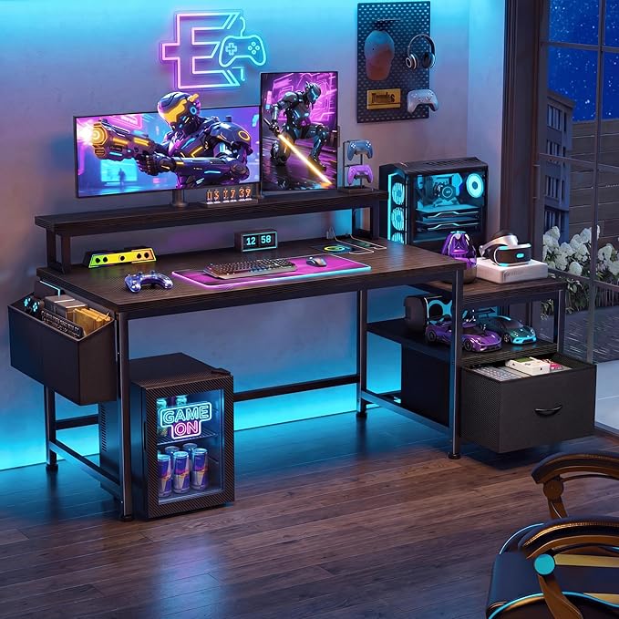 EnHomee 57" Black Computer Desk with File Drawers and Printer Space,Office Desk with Power Outlets and Monitor Stand,Gaming Desk,Study Desk, Writing Desk, Bedroom Desk
