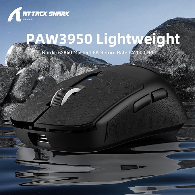 ATTACK SHARK R6 Wireless Gaming Mouse,38G Ultra-Lightweight Trip-Mode 2.4G/USB-C/Bluetooth Mouse Gaming with PAW3950MAX Sensor,42000 DPI,50G Accelerated Speed for PC/Laptop/Mac -Black&Tape