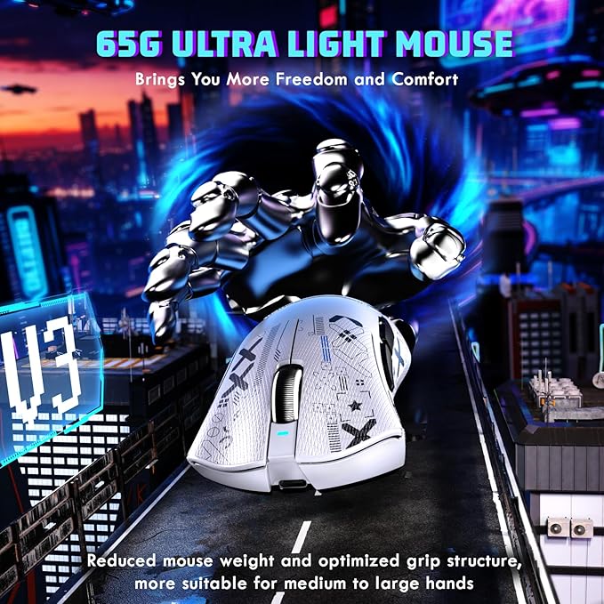 MAMBASNAKE Attack Shark V3 Wireless Gaming Mouse,Adjustable 25K DPI PAW3311 Optical Sensor,Ergonomic Lightweight 5 Programmable Buttons 500mAH Battery,2.4G/BT/USB-C Wired for PC/Mac-White&Griptape