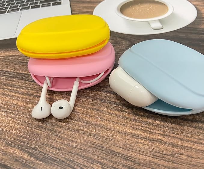 Silicone Headphone Organizer - Data Cable Storage Case - Mini Key Box - Portable Wired Headset Storage Bag (Yellow-Pink-Blue-3PCS)