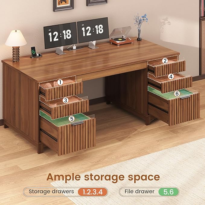SEDETA 55.1" Fluted Office Desk with 6 Drawers, Modern Executive Desk with Acrylic File Drawers, Computer Desk with Power outlets for Home Office and Study (Brown)