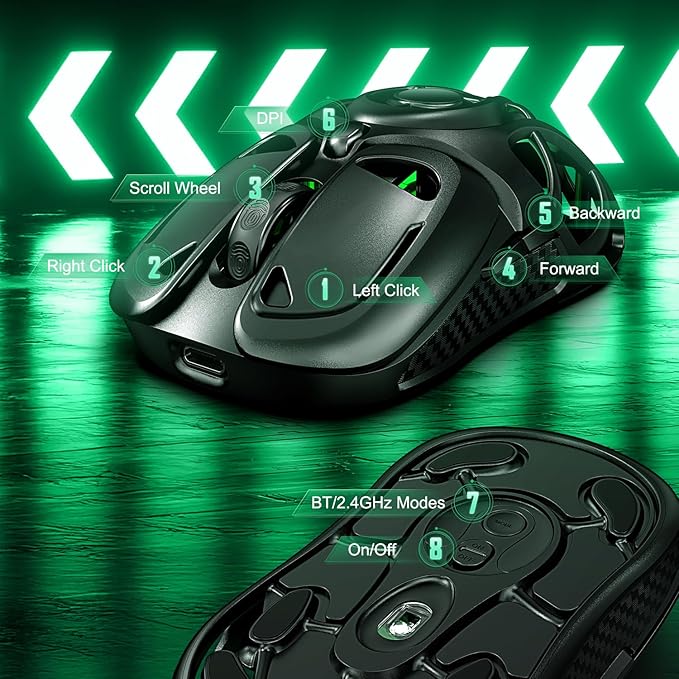 YPBDAN Wireless Gaming Mouse, Tri-Mode 2.4G/USB-C/Bluetooth 5.3 RGB Wireless Mouse, 10000 DPI, 60Hrs Battery, Ultra-Light Ergonomic Design, Rechargeable Computer Mice Compatible with PC Mac Laptop
