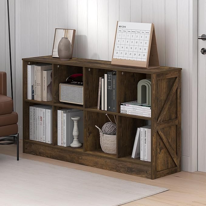 Furinno Jensen Book Shelf, 8-Cube Farmhouse Bookshelf, Display Bookcase, 11.8 x 47.6 x 26.8, for Living Room, Bedroom, Home Office, Amber Pine