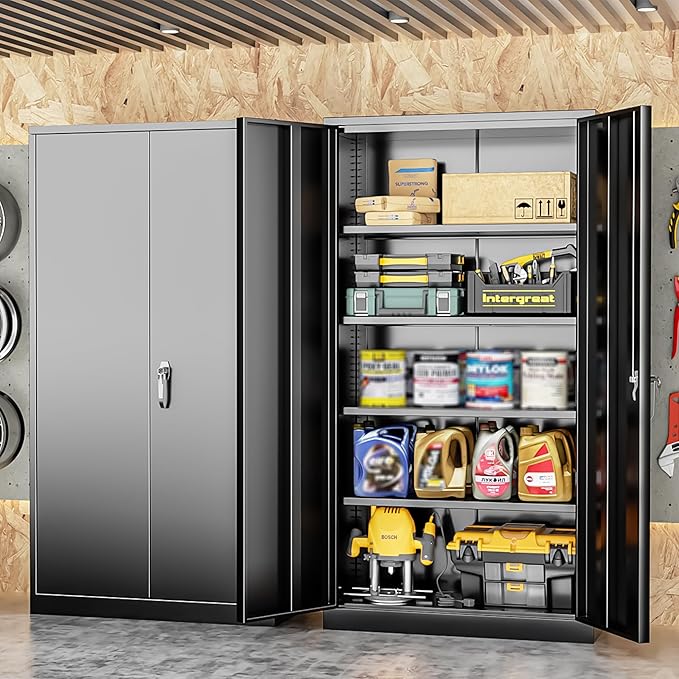 INTERGREAT Metal Storage Cabinet, 72” H Storage Cabinet with Doors and Adjustable Shelves for Office, Home, Garage, Pantry (Assembly Required, Black)