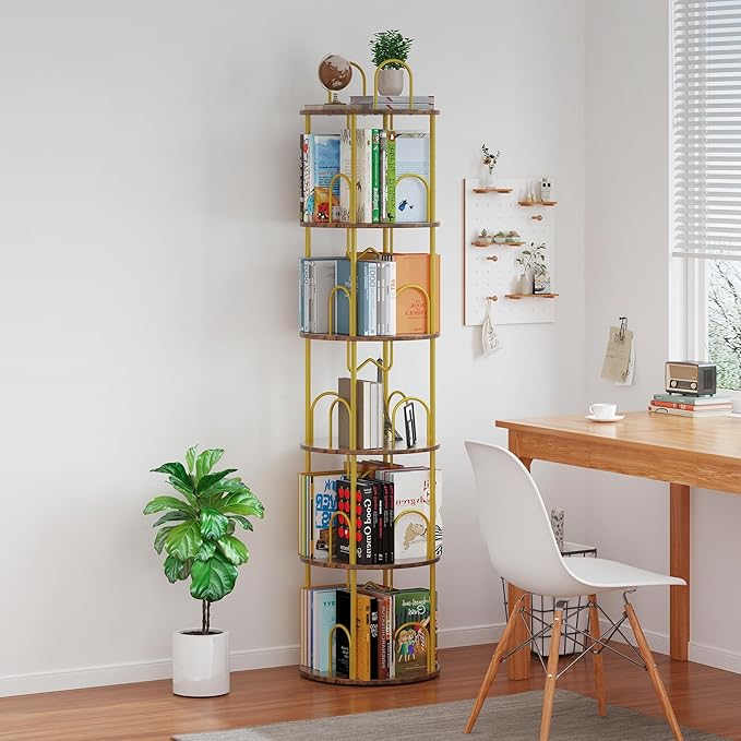 5 Tier Rotating Bookshelf, 360° Spinning Bookshelf Tower, Narrow Corner Book Shelf, Revolving Bookcase Corner Tall Book Shelf for Small Spaces, Bedroom, Living Room, Gold