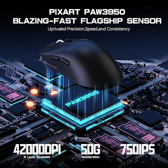 ATTACK SHARK X3MAX Wireless Gaming Mouse,PixArt PAW3950 Gaming Sensor,Up to 42K DPI,100 Million Micro,49g Lightweight Tri-Mode(BT5.2/2.4Ghz/Wired) Mice with Coiled Cable-Black