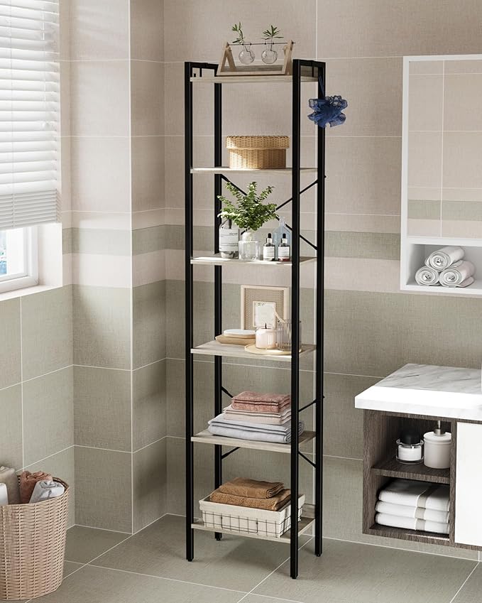 Hzuaneri Bookshelf, Book Shelf, Industrial Bookcase with 2 Hooks, Coner Shelf Storage Organizer for Home Office, Living Room, Bedroom, Kitchen, 6-Tier Greige BC10705B