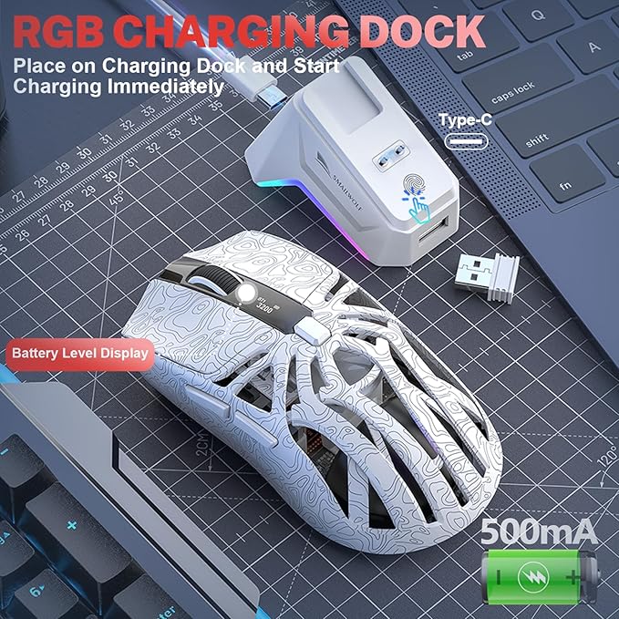 RGB Magnetic Charging Dock Gaming Mouse, 12K DPI, PAW3311 Sensor, Tri-Mode Wireless, 6 Programmable Buttons, Ultra-Light 72g for PC/Mac (White)