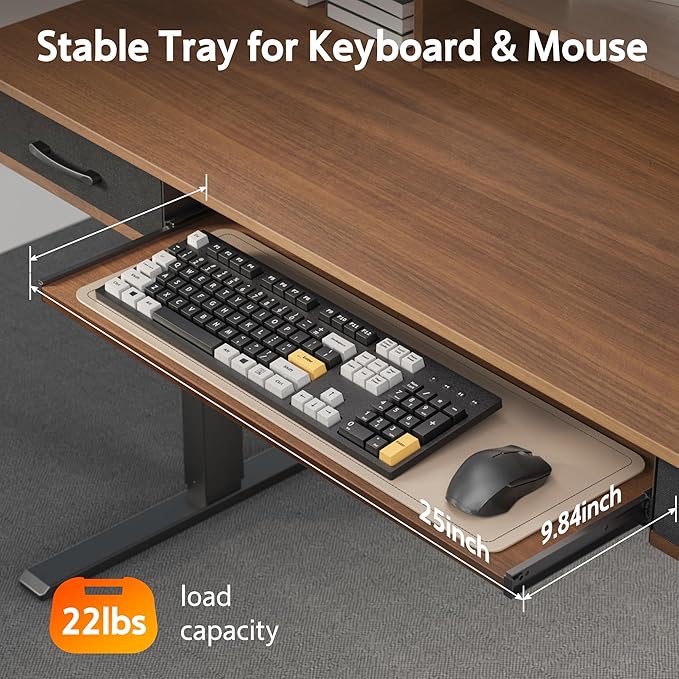 WALKINGDESK 63 Inches Electric Standing Desk with Keyboard Tray, Height Adjustable Sit to Stand Table with 2 Drawers, Ergonomic Home Office Desk with Storage Shelf, Computer Table, Black Walnut