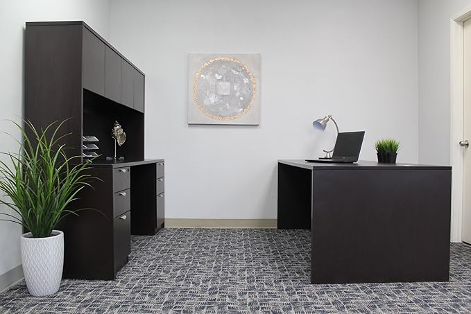 Boss Office Products Holland 71" Executive Desk and Credenza with 2 File Storage Pedestal and Hutch, Mocha