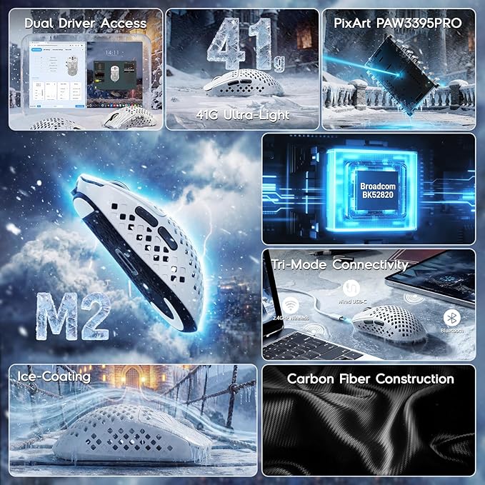 ATTACK SHARK MAMBASNAKE M2 Wireless Gaming Mouse,41g Ultra-Lightweight Carbon Fiber Mouse,40,000 DPI,PAW3395PRO Sensor,Wired/BT/2.4GHz Wireless Programmable Mice for Mac/PC Gamer(White)