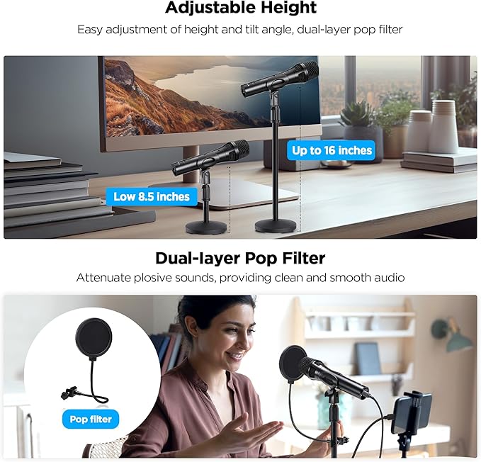 Xlr Usb Dynamic Microphone for Singing Recording, Metal Dynamic Studio Singing Recording Microphone with Mic Gain, Desktop Stand, Pop Filter, Headphone Jack, for PC, Audio Interface, Mixer, Mac
