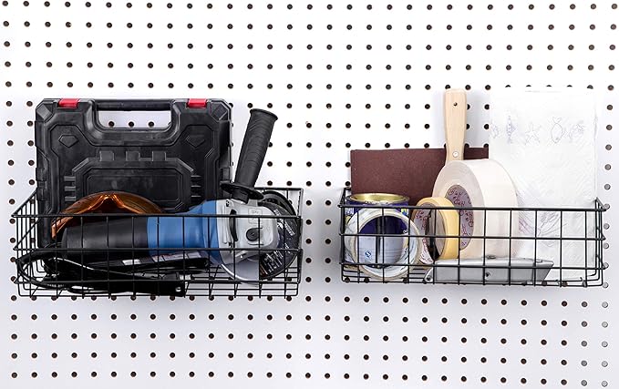 RightArrange Pegboard Basket Set of 2 - XLarge + Large Size Basket, Black - Hooks to Any Peg Board - Organize Tools, Workbench, Accessories, Garage Storage - Wall Organizer Attachments