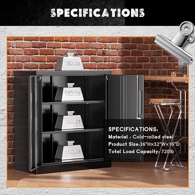 Greenvelly Metal Storage Cabinet with Doors and Shelves, 36” Lockable Storage Cabinet for Office, Metal Utility Cabinet Garage Cabinets, Lockable File Cabinet for Home Office, Garage, Kitchen, Black
