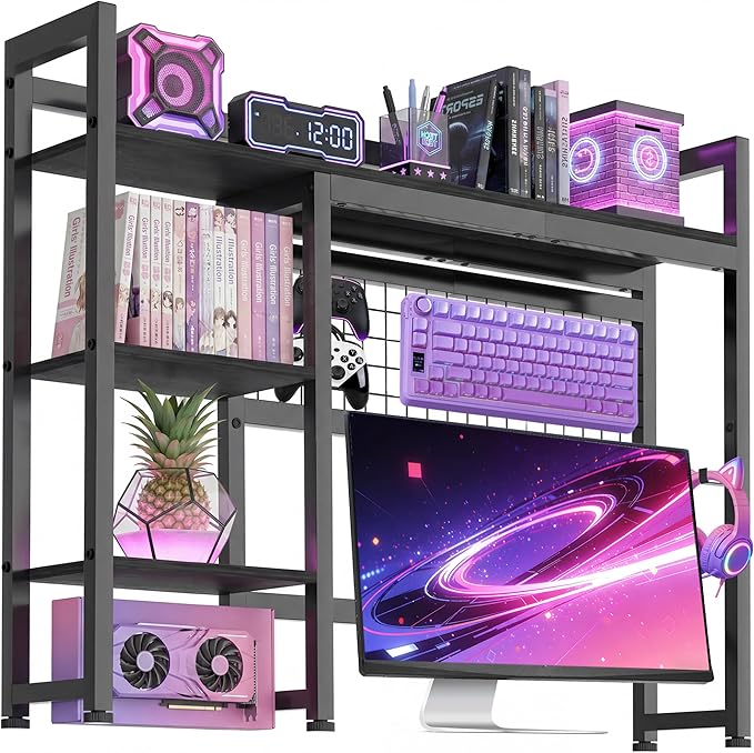 Desktop Shelf, 38.5'' Desktop Organizer Shelf for Computer Monitor, 4 Tier Hutch Storage Rack for Home Office Dorm, Black