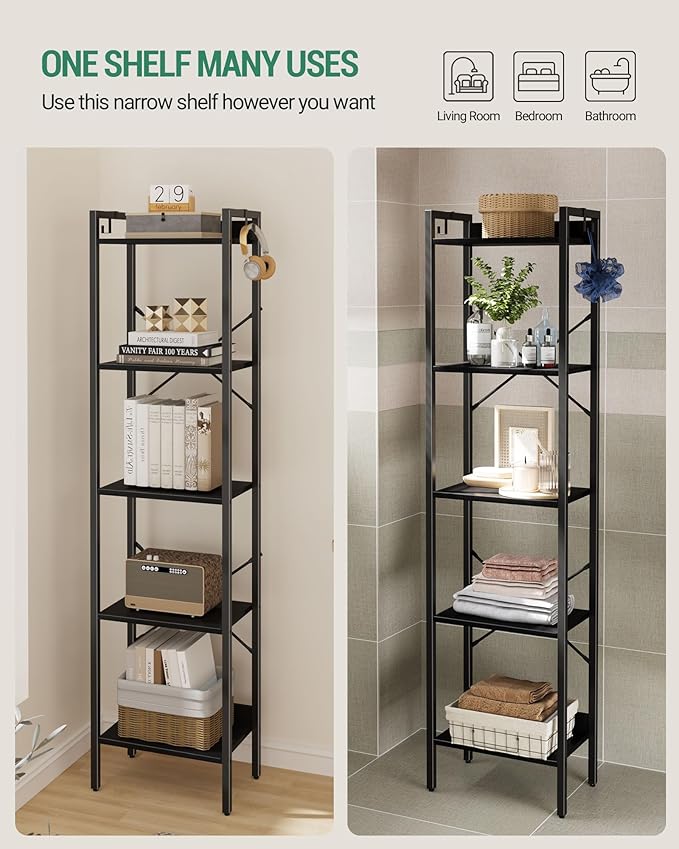 Hzuaneri Bookshelf, Book Shelf, Industrial Bookcase with 2 Hooks, Coner Shelf Storage Organizer for Home Office, Living Room, Bedroom, Kitchen, 5-Tier Black BC10504B